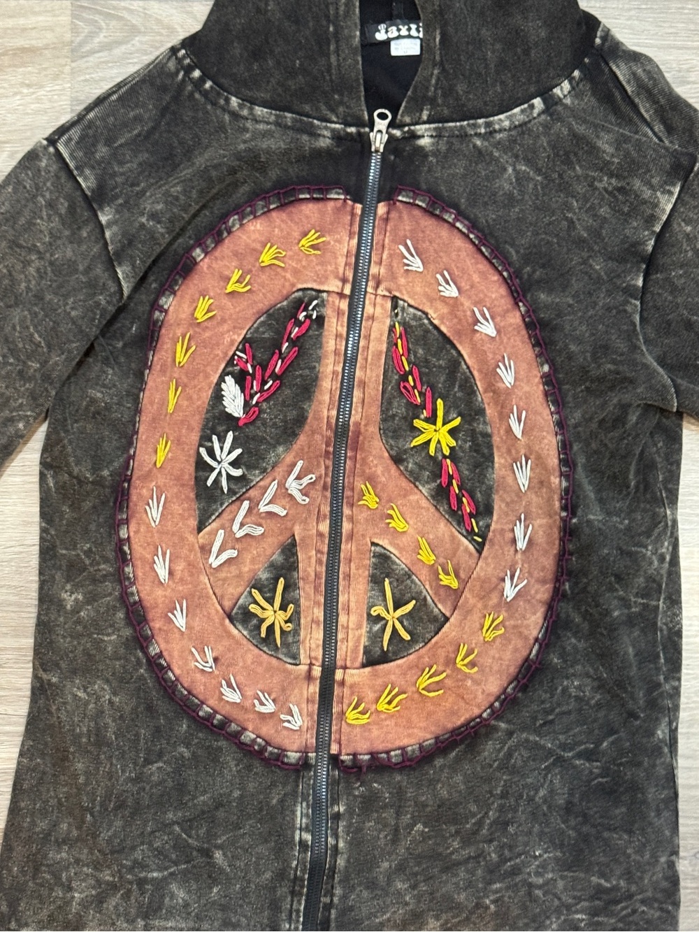 Jayli Embroidered Peace Sign Hoodie Jacket - Black & Brown 100% Cotton